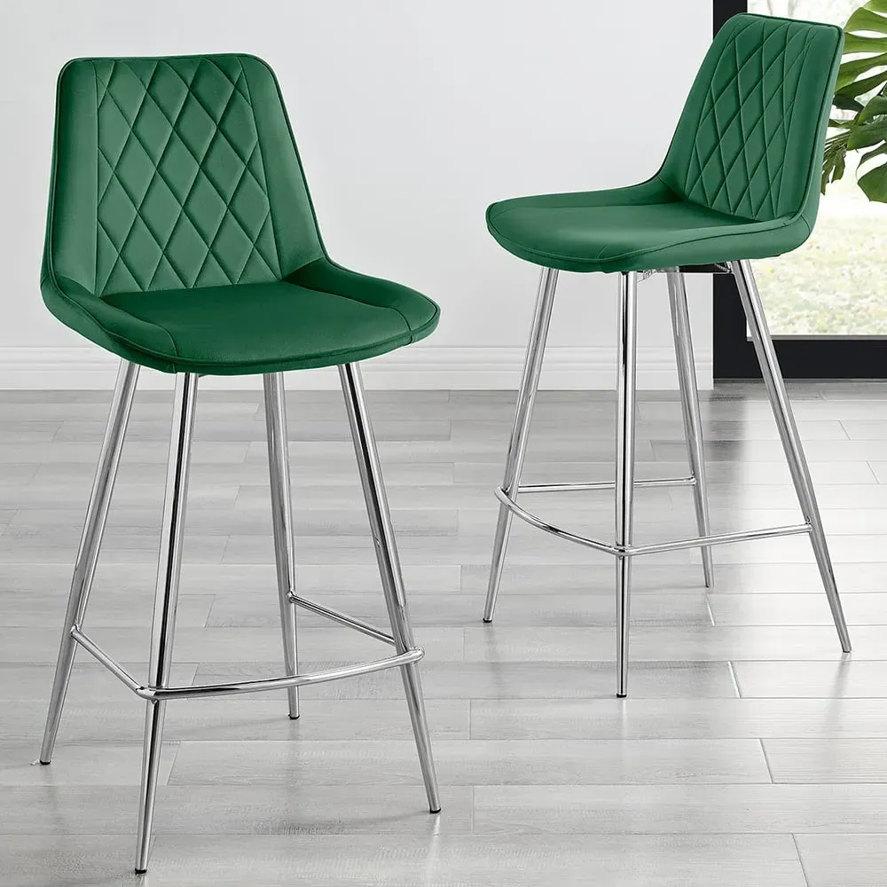 Set of 2 Bar Chairs - Green, Velvet