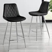 Set of 2 Bar Chairs with Footrest - Black, Velvet