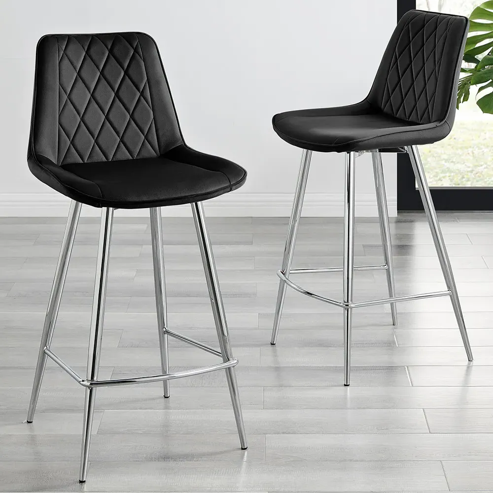 Set of 2 Bar Chairs with Footrest - Black, Velvet
