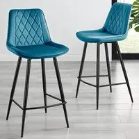 Set of 2 Bar Chairs with Footrest - Blue, Velvet