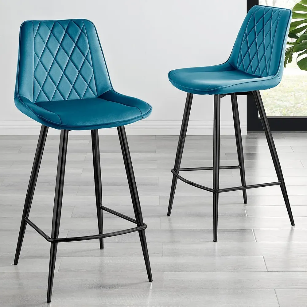 Set of 2 Bar Chairs with Footrest - Blue, Velvet image