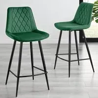 Set of 2 Bar Chairs with Footrest - Green, Velvet