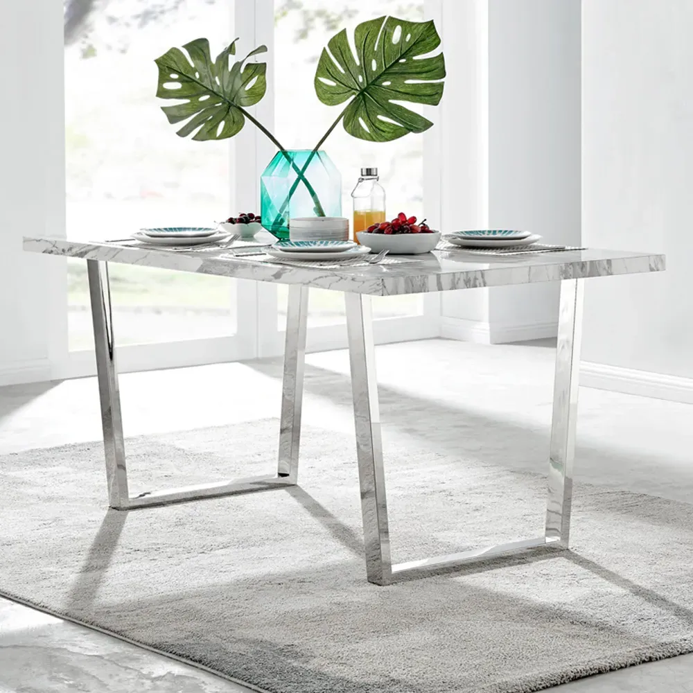 Solo 6-Seater Dining Table - White, Marble Effect