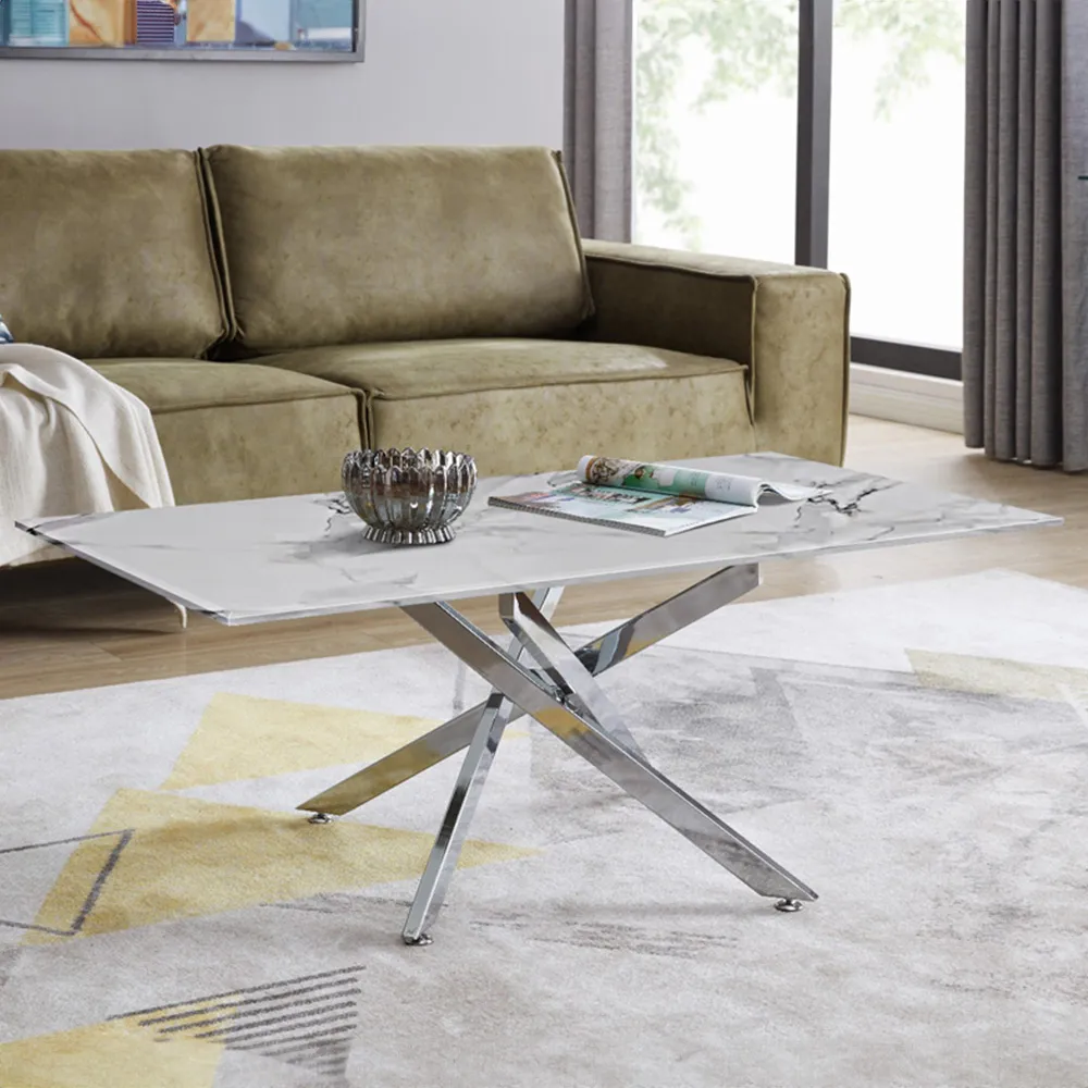 Tavalo Rectangular Coffee Table - White Marble, Glass