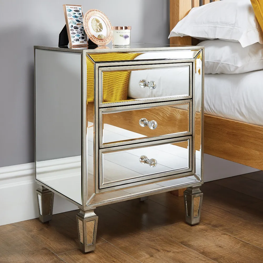 Veneto 3 Drawer Bedside Table - Silver, Mirrored