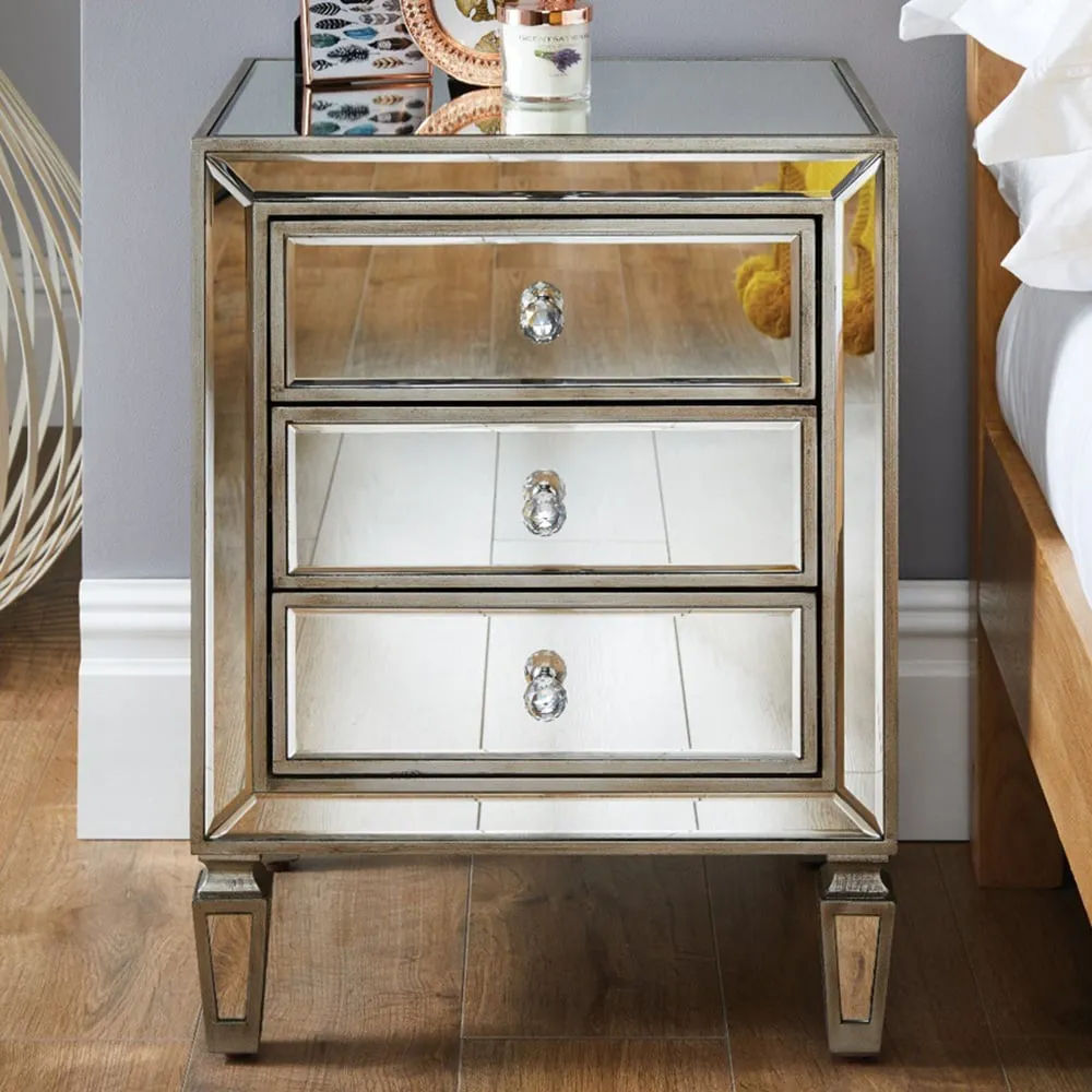 Veneto 3 Drawer Bedside Table - Silver, Mirrored