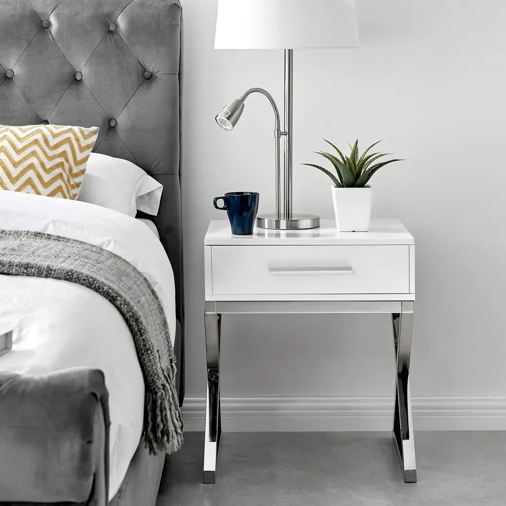 Witney Single Drawer Bedside Table - White, Chrome