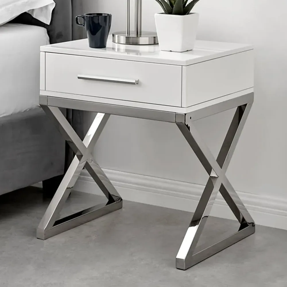 Witney Single Drawer Bedside Table - White, Chrome image