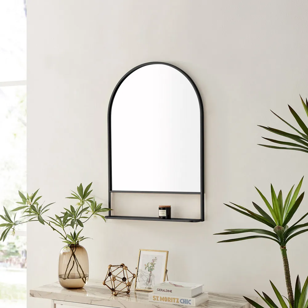 Zara Arch Wall Mirror with Shelf - Black, Metal