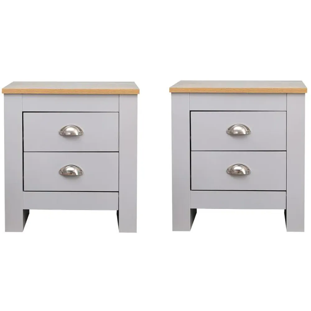 2 Drawer Bedside Table Set of 2 - Grey, Oak Effect