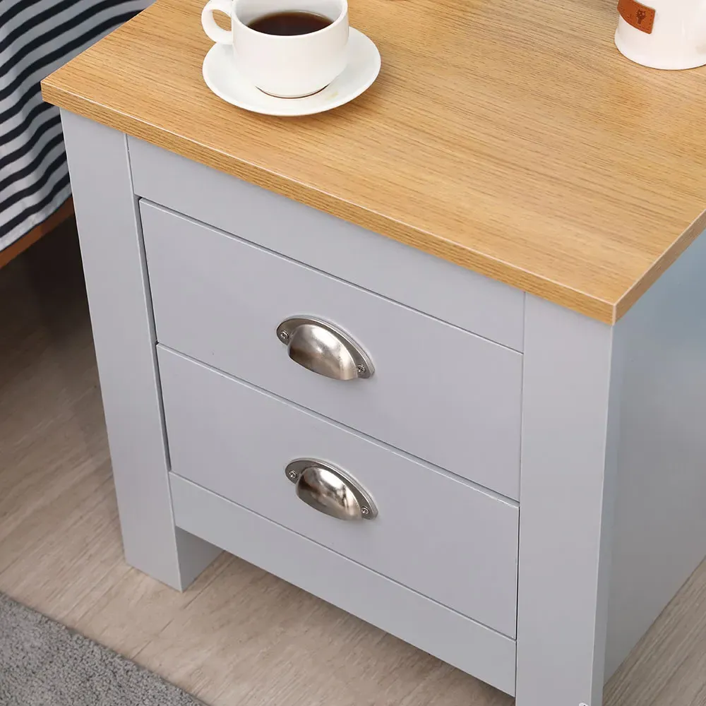 2 Drawer Bedside Table Set of 2 - Grey, Oak Effect