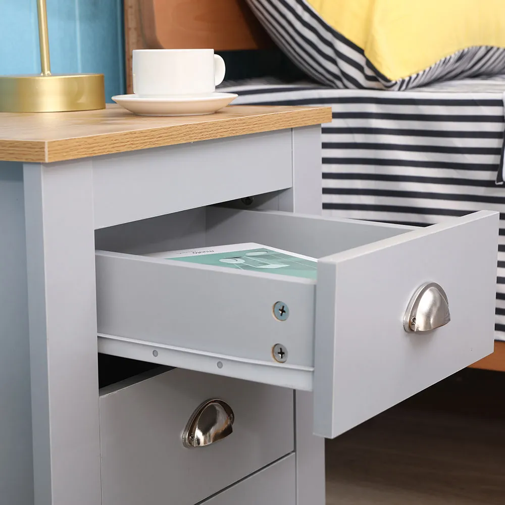 2 Drawer Bedside Table Set of 2 - Grey, Oak Effect