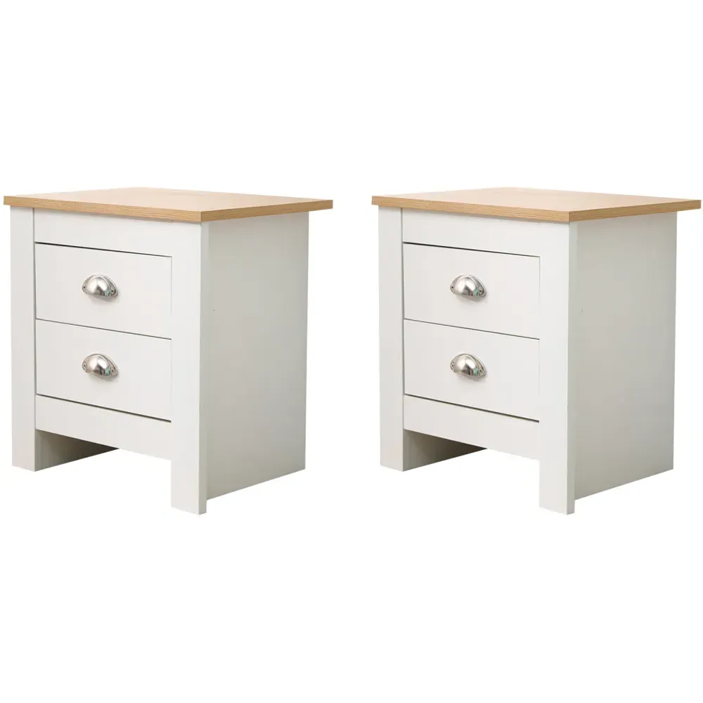 2 Drawer Bedside Table Set of 2 - White, Oak Effect