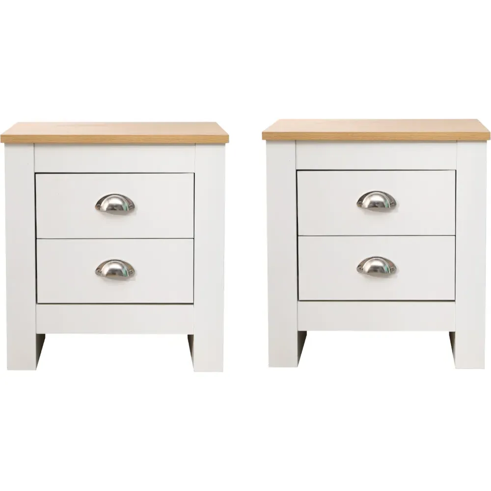 2 Drawer Bedside Table Set of 2 - White, Oak Effect