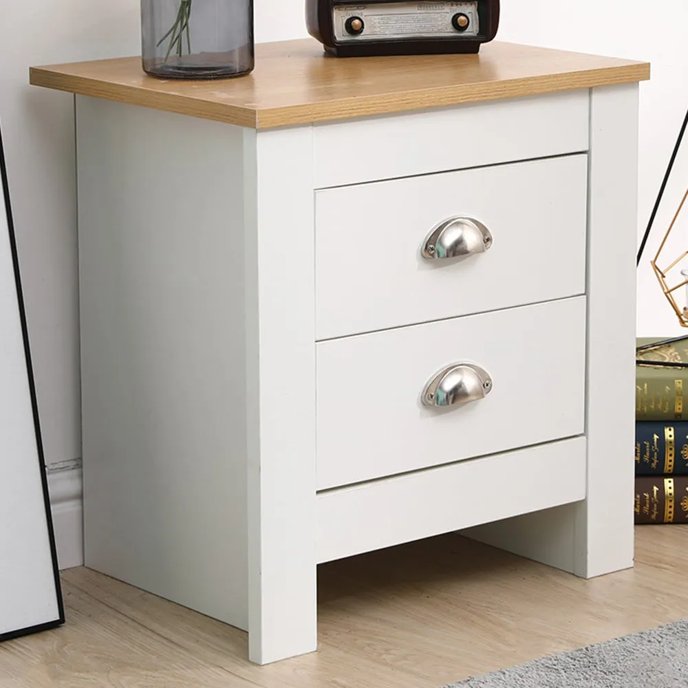 2 Drawer Bedside Table Set of 2 - White, Oak Effect