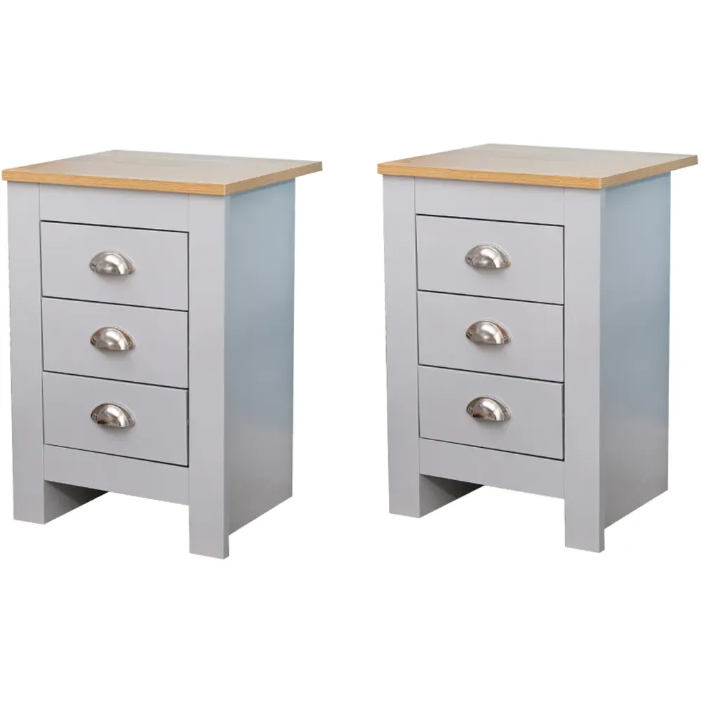 3 Drawer Bedside Table Set of 2 - Grey, Oak Effect