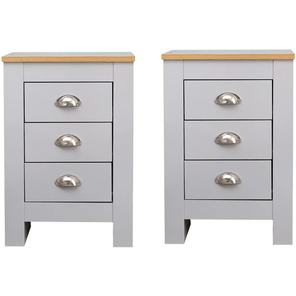 3 Drawer Bedside Table Set of 2 - Grey, Oak Effect