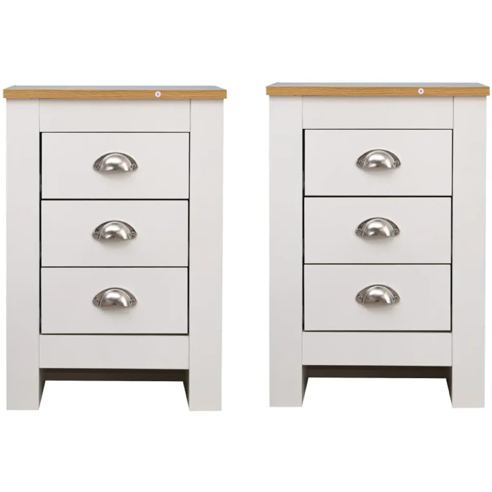 3 Drawer Bedside Table Set of 2 - White, Oak Effect
