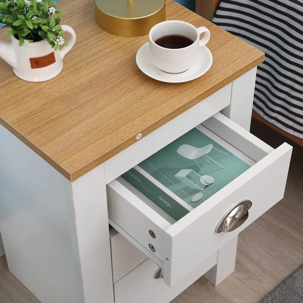 3 Drawer Bedside Table Set of 2 - White, Oak Effect