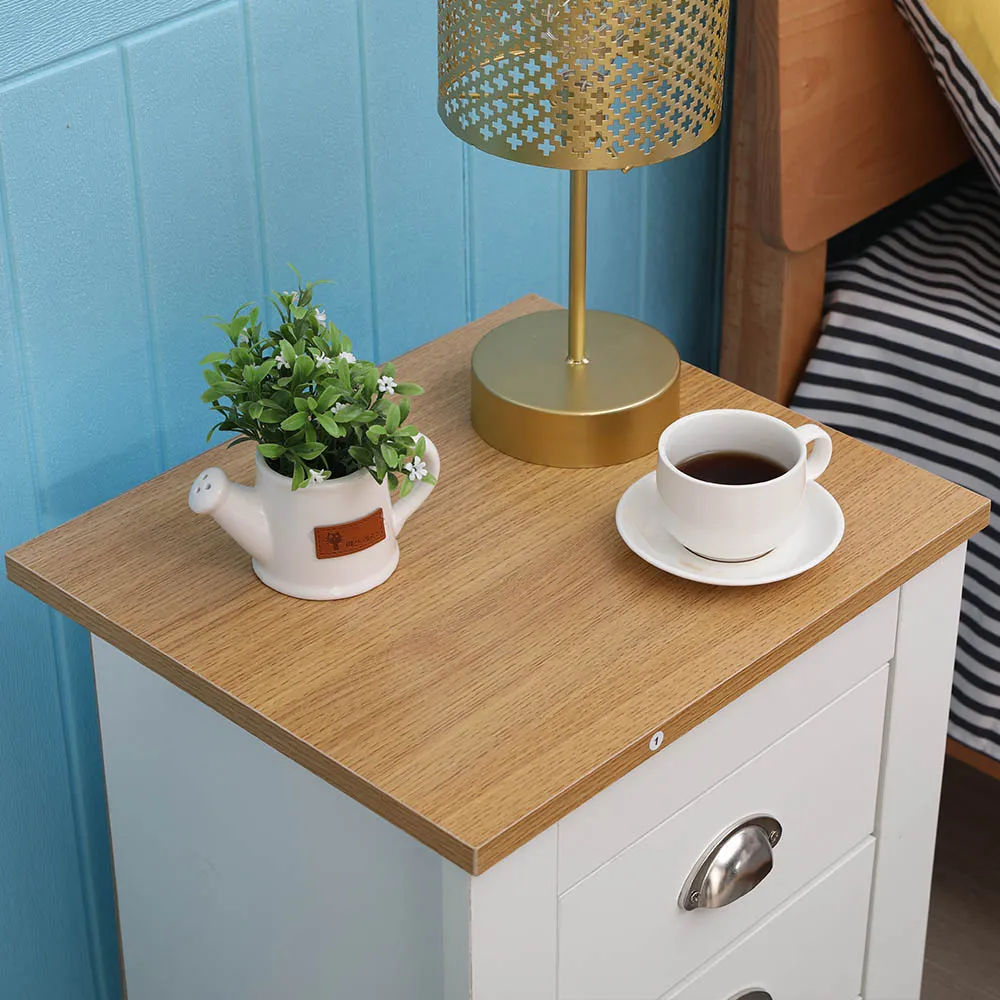 3 Drawer Bedside Table Set of 2 - White, Oak Effect