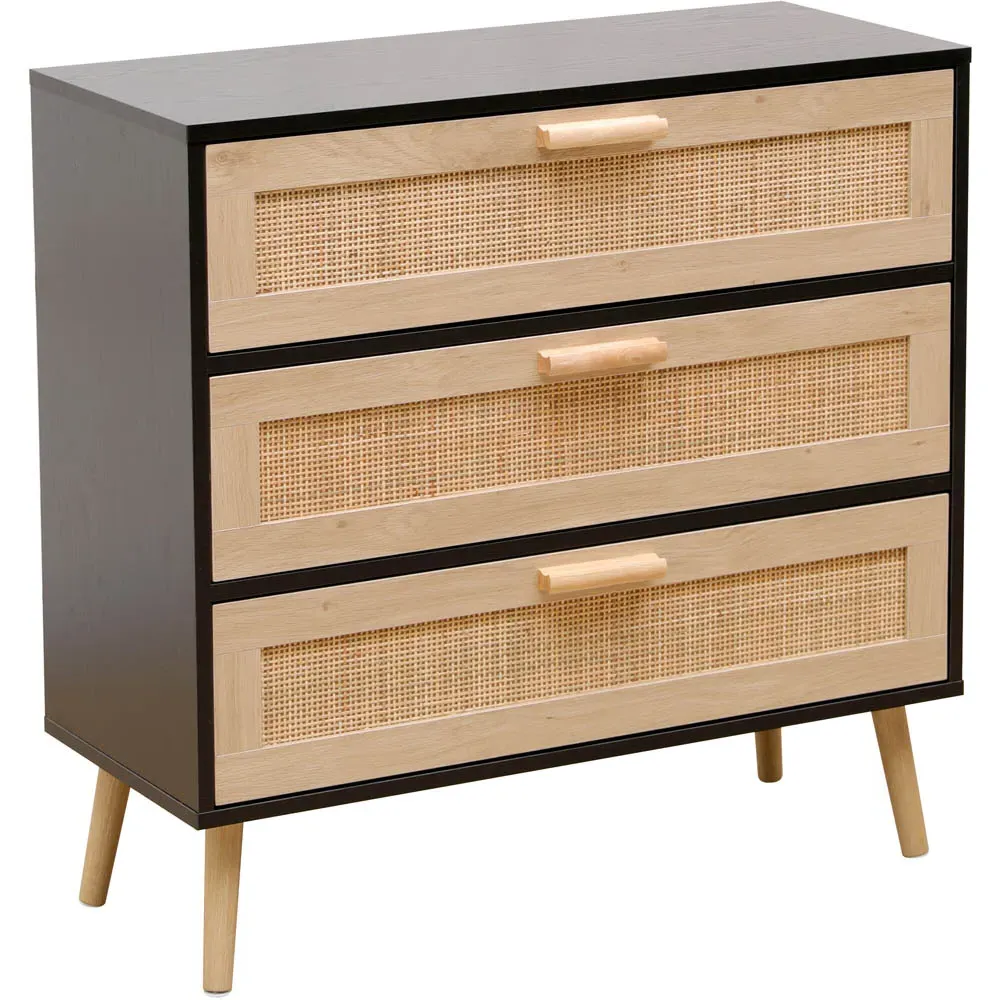 3 Drawer Chest of Drawers with Rattan Front - Black, Chipboard