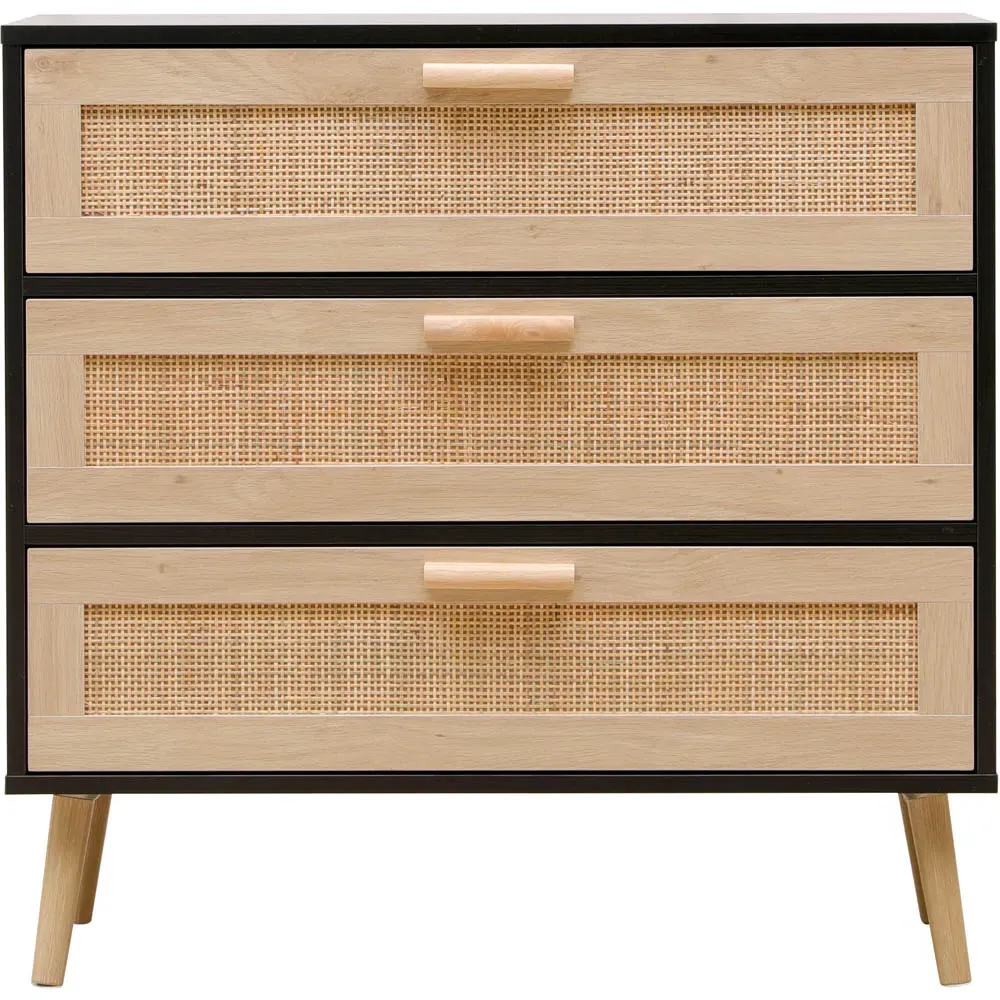 3 Drawer Chest of Drawers with Rattan Front - Black, Chipboard