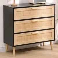3 Drawer Chest of Drawers with Rattan Front - Black, Chipboard