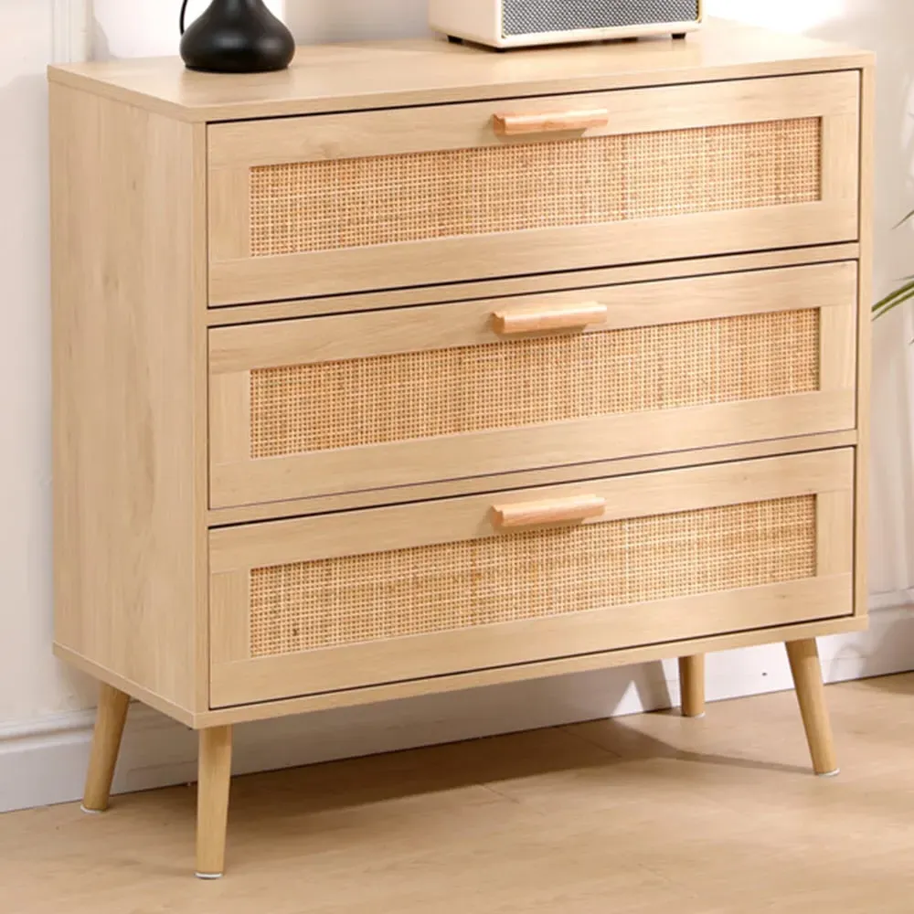 3 Drawer Chest of Drawers with Rattan Front - Natural, Wood image