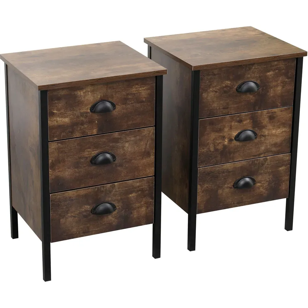 3 Drawer Industrial Wooden Nightstand Set of 2 - Brown, Black