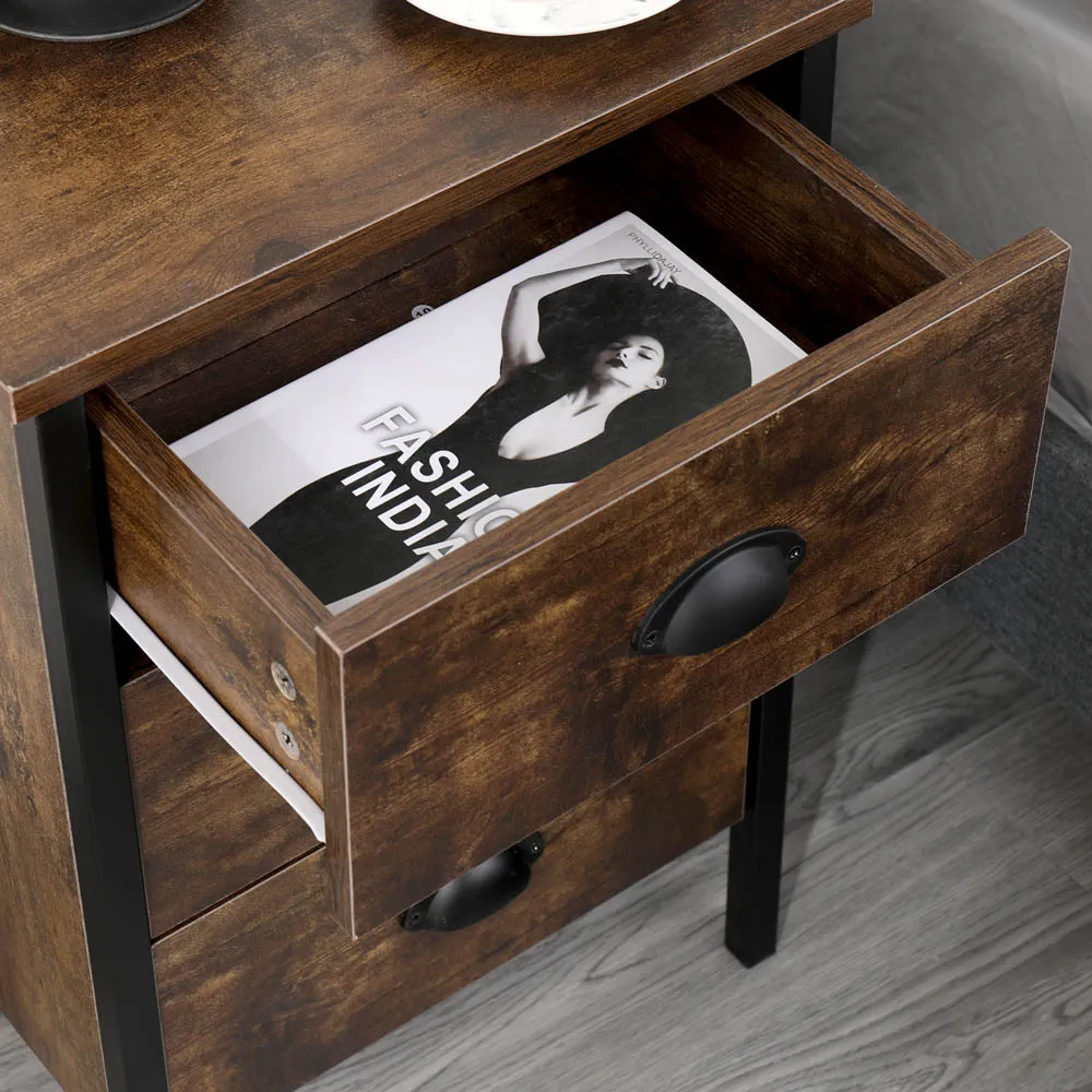 3 Drawer Industrial Wooden Nightstand Set of 2 - Brown, Black