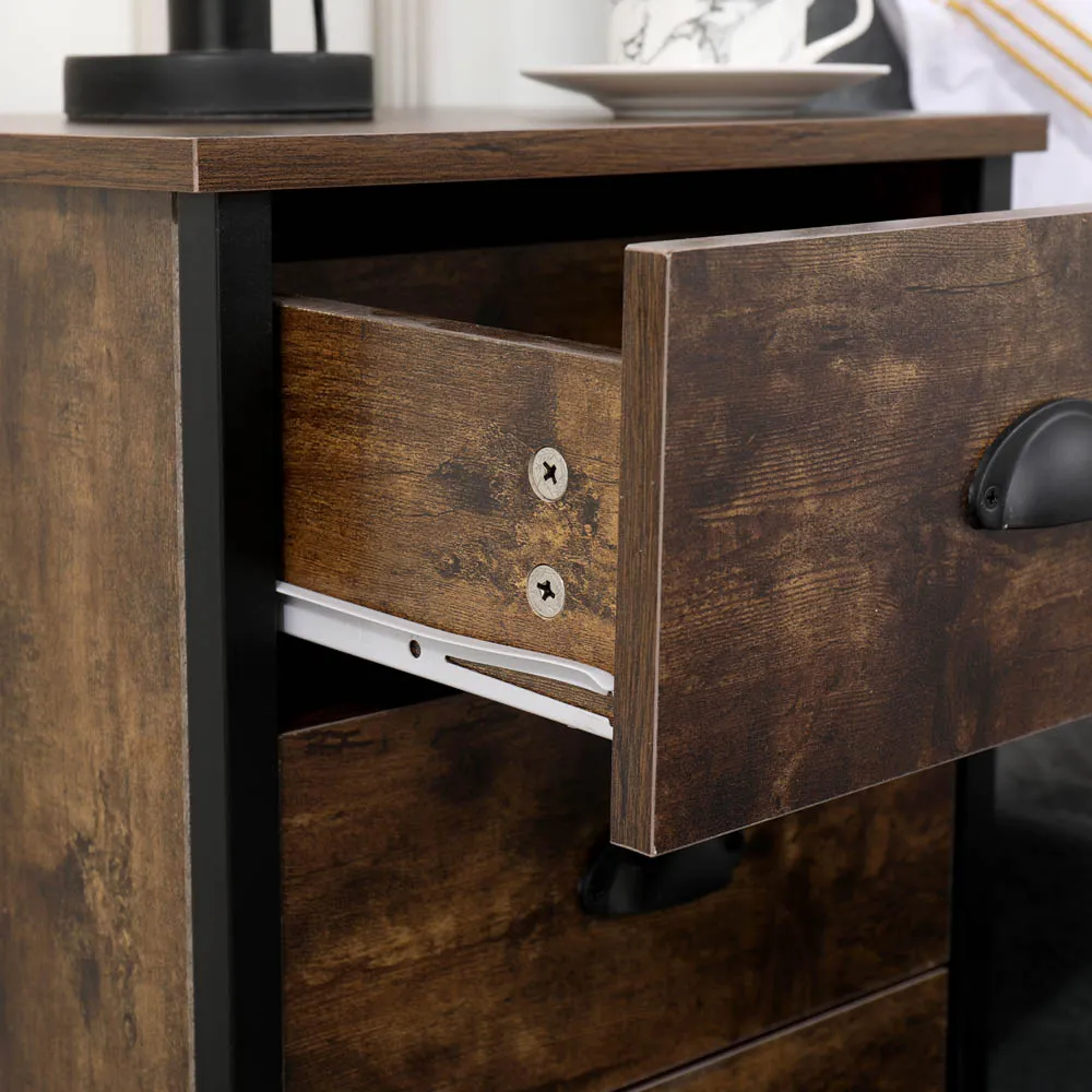 3 Drawer Industrial Wooden Nightstand Set of 2 - Brown, Black