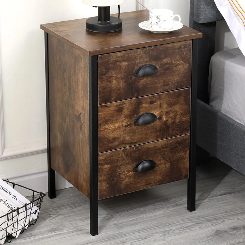 3 Drawer Industrial Wooden Nightstand Set of 2 - Brown, Black image
