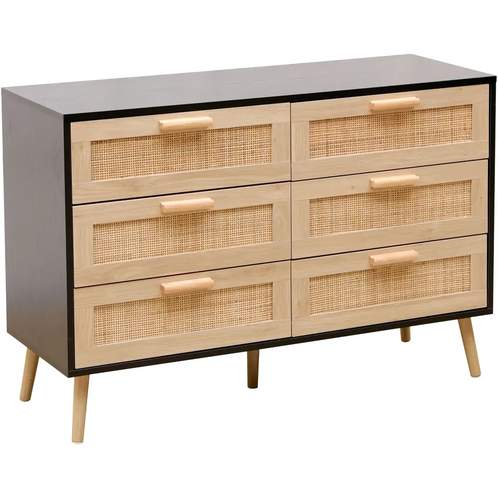 6 Drawer Chest of Drawers with Rattan Front - Black, Chipboard