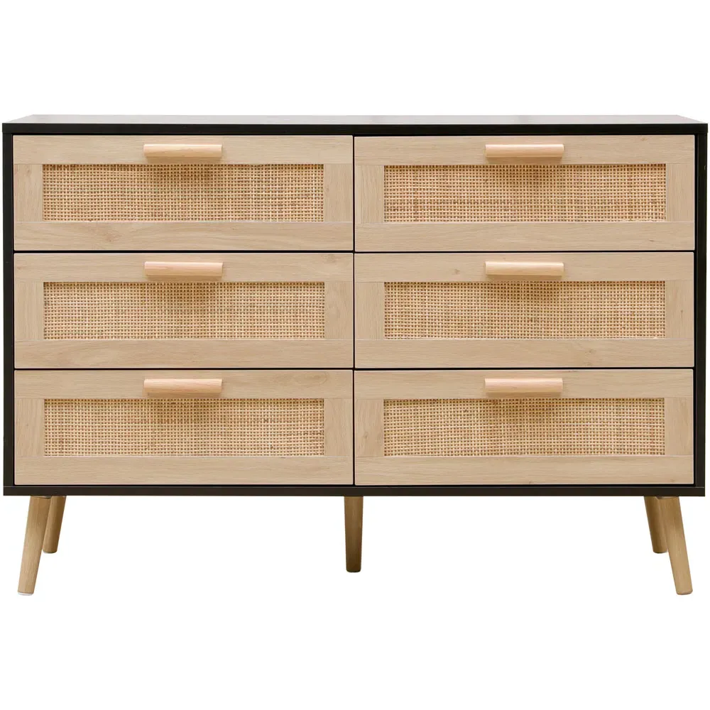 6 Drawer Chest of Drawers with Rattan Front - Black, Chipboard