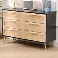 6 Drawer Chest of Drawers with Rattan Front - Black, Chipboard