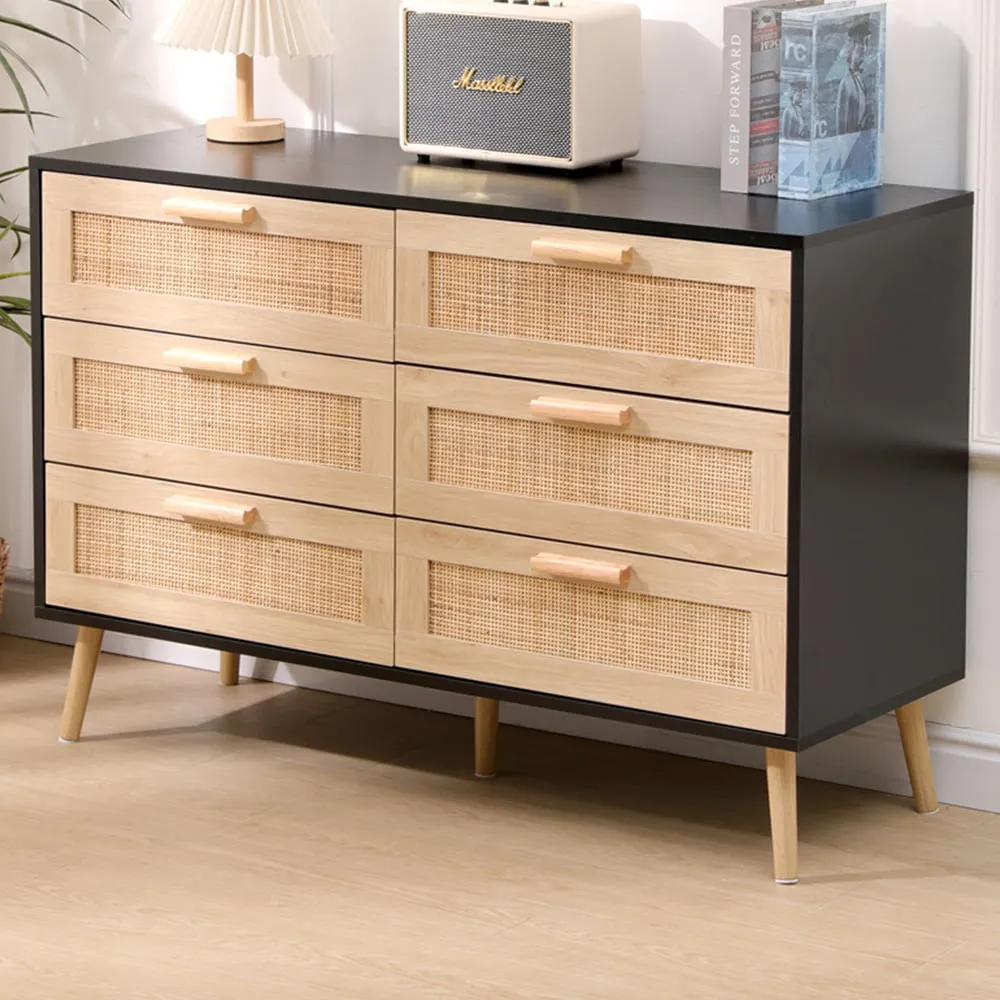 6 Drawer Chest of Drawers with Rattan Front - Black, Chipboard