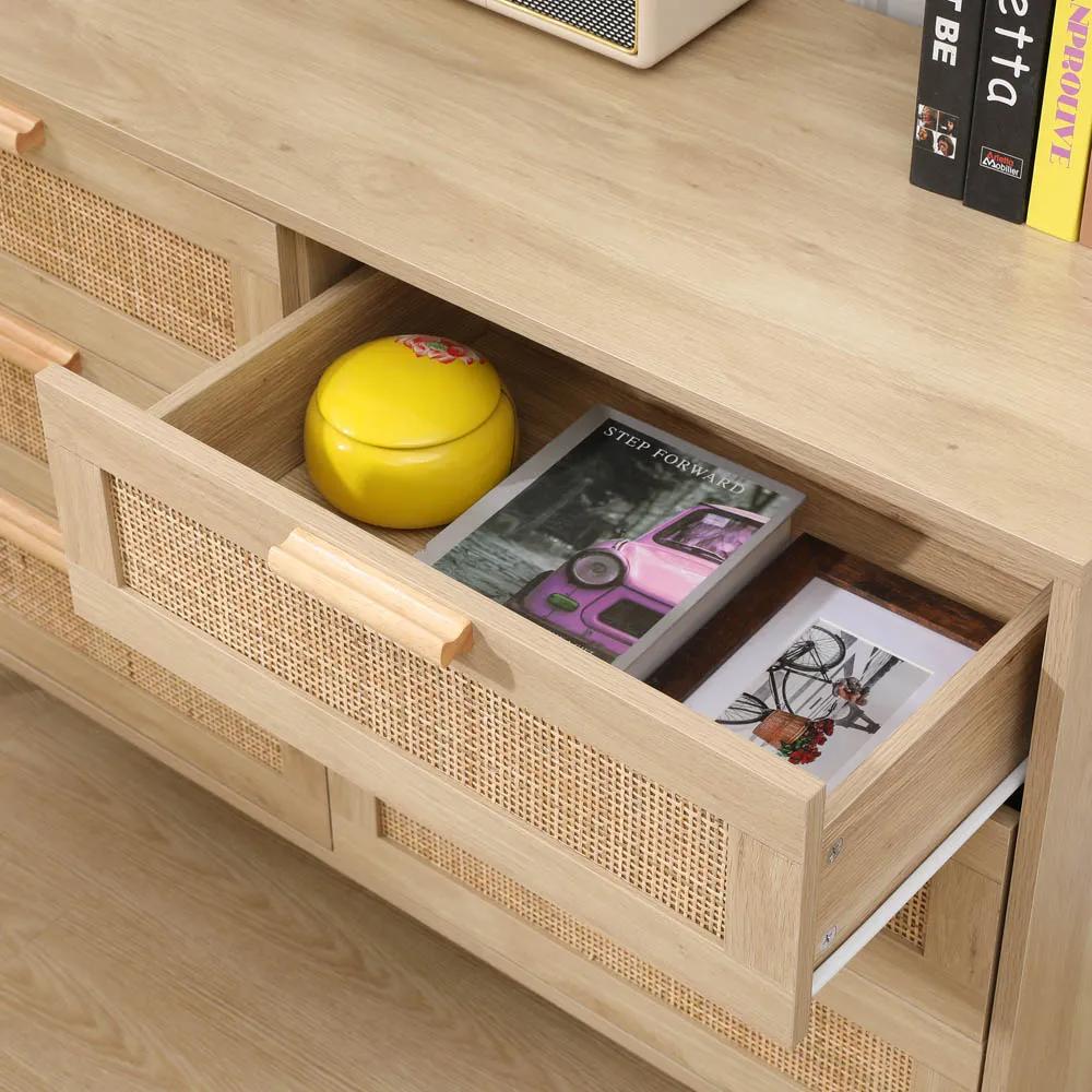 6 Drawer Chest of Drawers with Rattan Front - Natural, Wood
