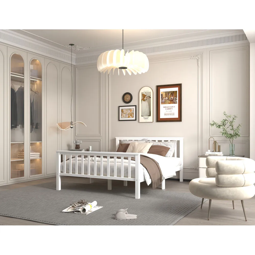 Double Bed Frame with Headboard - White, Pine Wood