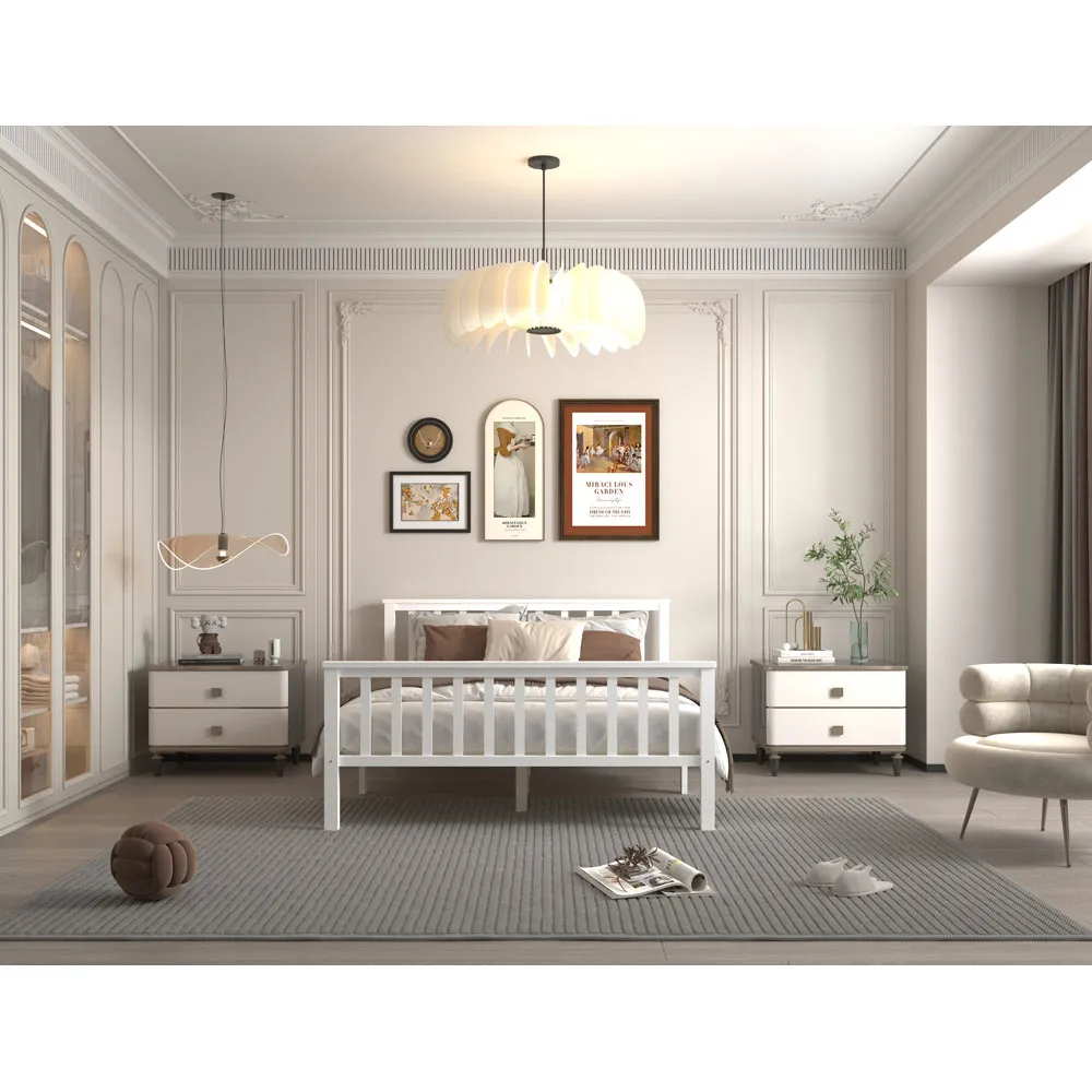 Double Bed Frame with Headboard - White, Pine Wood