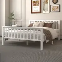Double Bed Frame with Headboard - White, Pine Wood