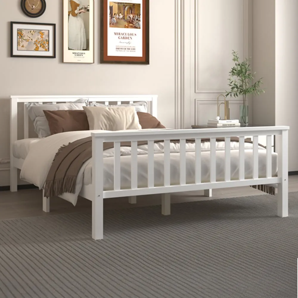 Double Bed Frame with Headboard - White, Pine Wood image