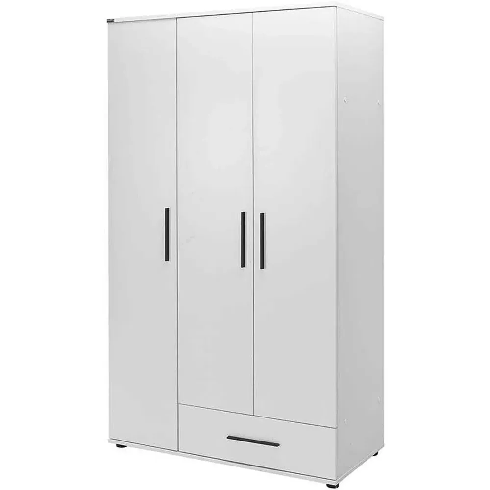3 Door Single Drawer Triple Wardrobe - White