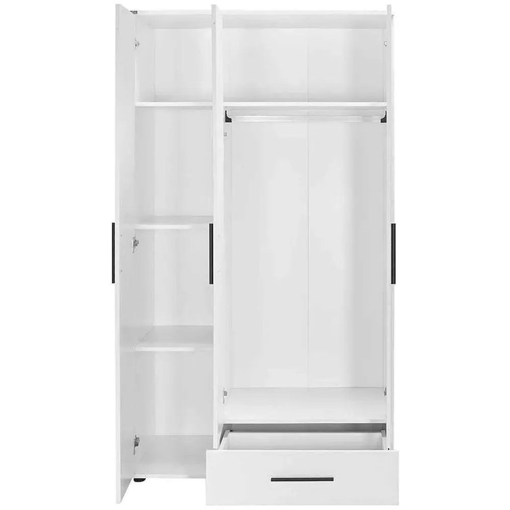 3 Door Single Drawer Triple Wardrobe - White