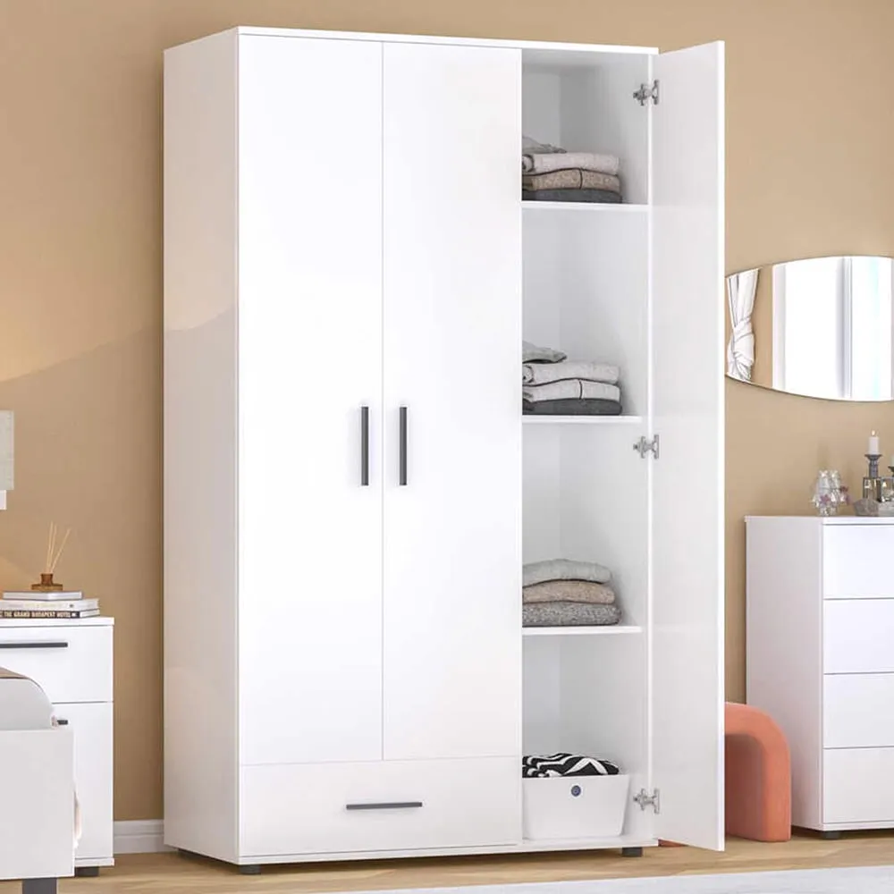 3 Door Single Drawer Triple Wardrobe - White