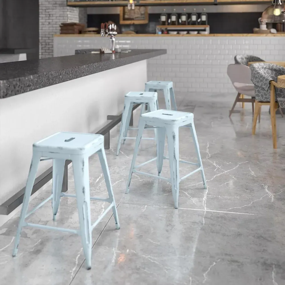 Bar Stool Set of 4 - Blue, Steel