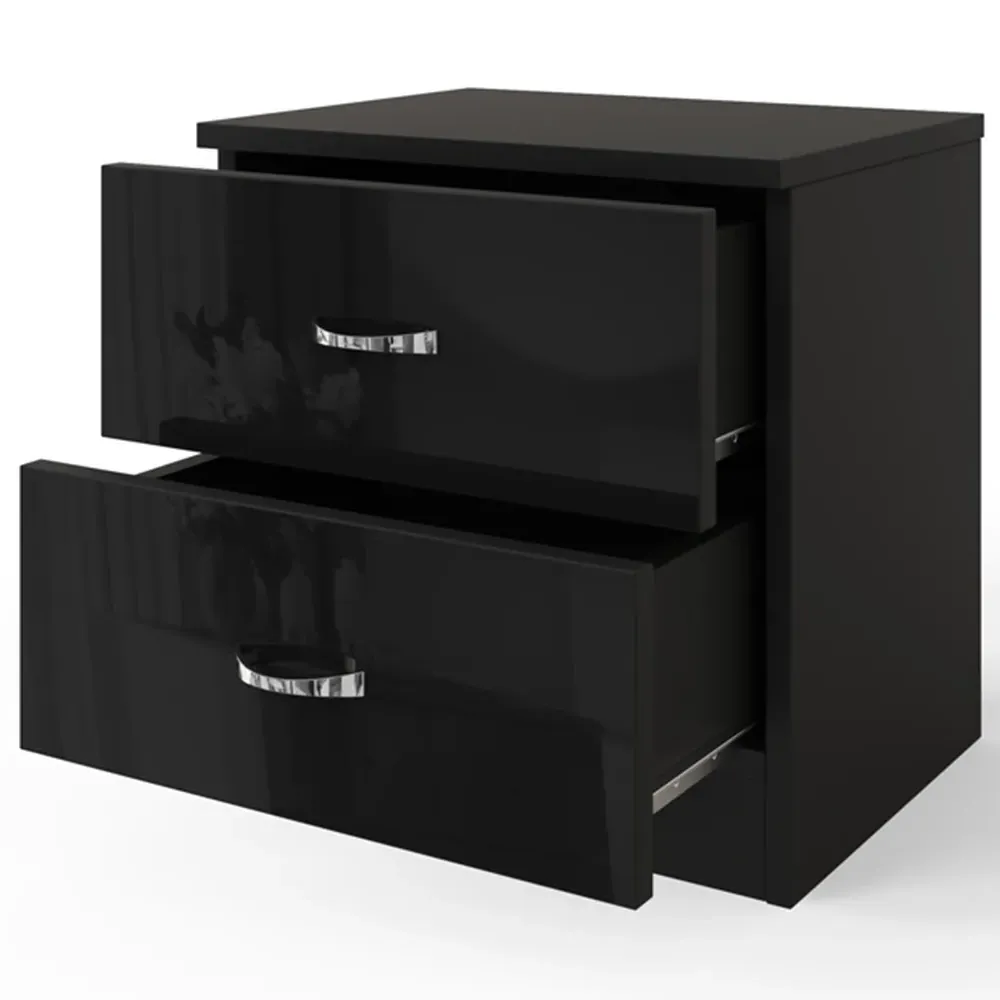 Chilton 2 Drawer Bedside Table - Black, Gloss