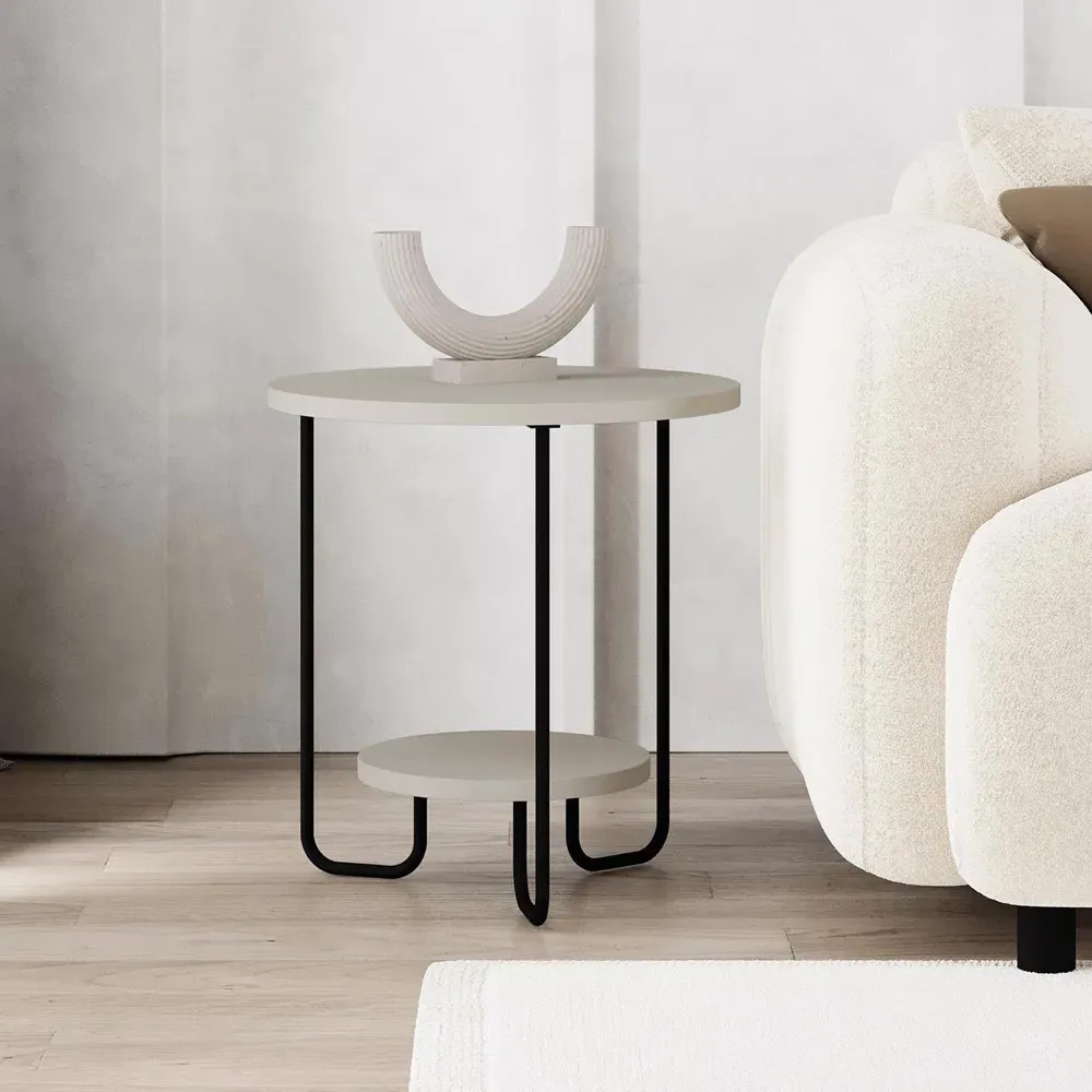 Corro 2 Tier Round Side Table with Storage - Cream