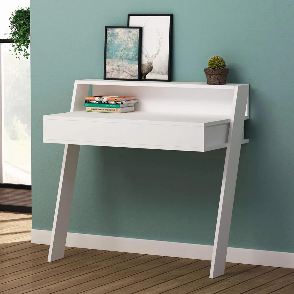 Cowork Wall Mounted Desk with Drawer and Shelf - White