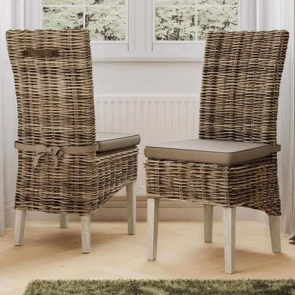 Maya Set of 2 Kubu Rattan Dining Chairs - Grey, Pine
