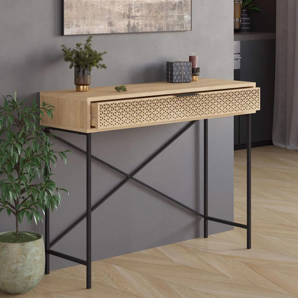 Naive Single Drawer Wide Console Table - Brown, Sapphire Oak